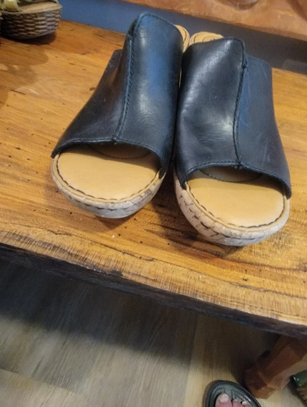 Born Size 7 Black Leather Cork Wedge Slide Sandals w/ 3